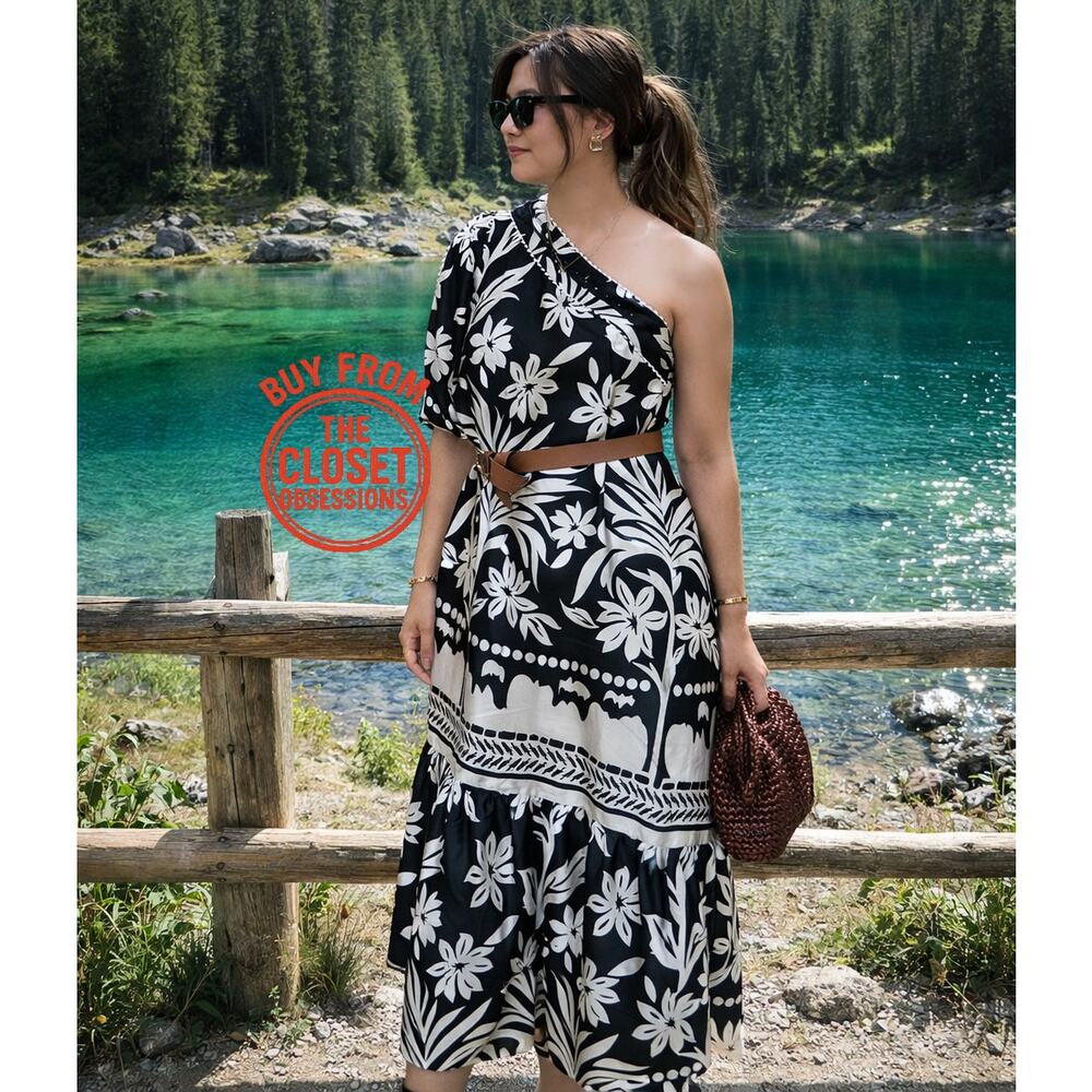 MANGO Asymmetric Floral Midi Dress NWT Black White Rare